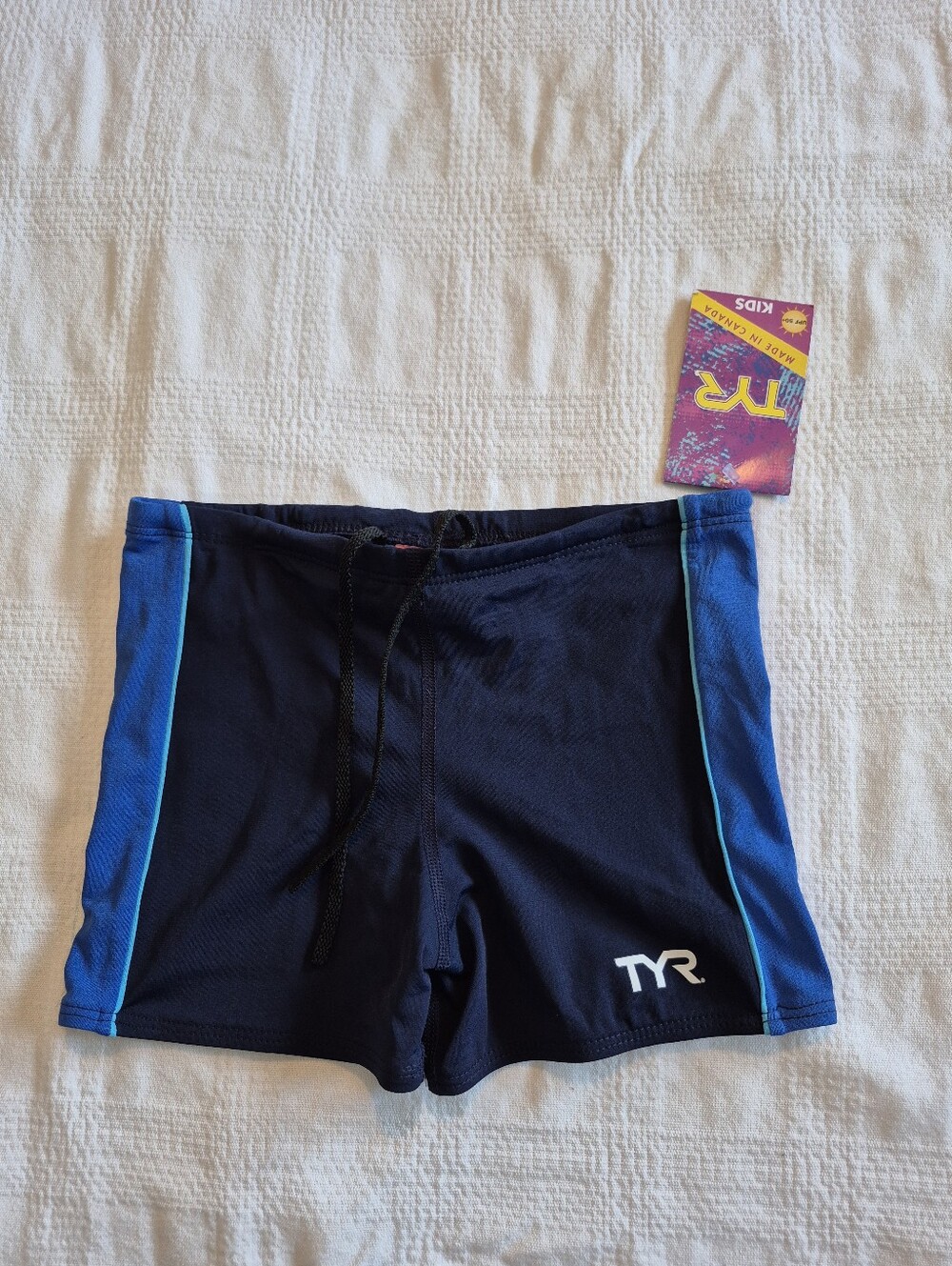 TYR boys swim trunks size 12 or 16 2 tone blue panel NWT